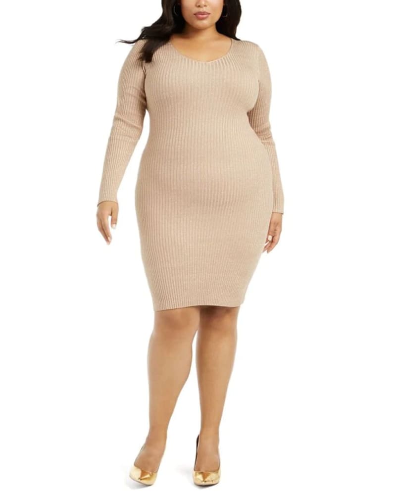 Front of a model wearing a size 1X Planet Gold Women's Plus Metallic Lace up Sweaterdress Brown Size 1X in Brown by Planet Gold. | dia_product_style_image_id:313461
